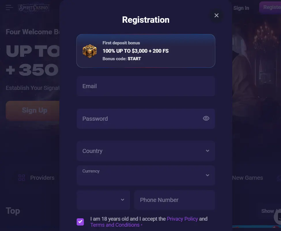 Spirit Casino online registration form for Aussie players